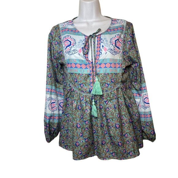 MISSLOOK Tops - Misslook Womens Boho Top Blue Floral Chiffon Tie V Neck Pullover Sz Small